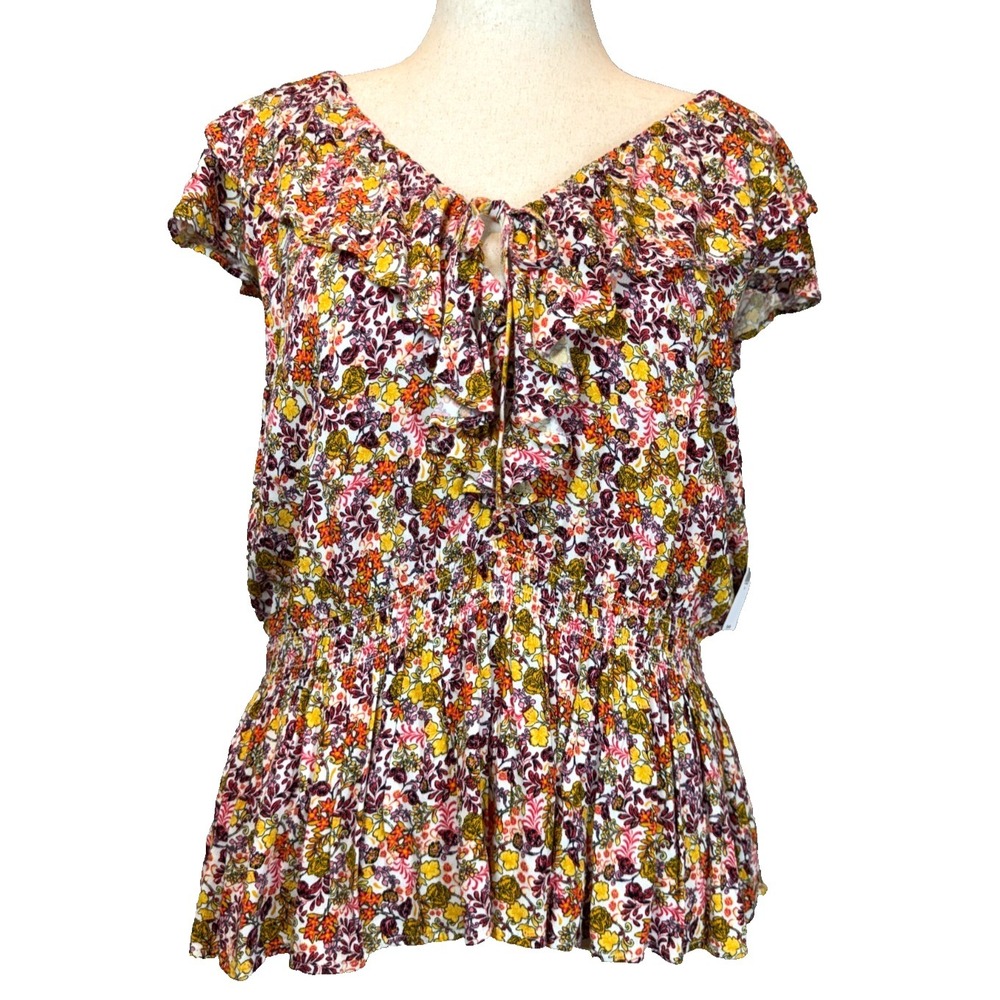 Old Navy NWT Waist‑Defined Ruffled Floral Tie Front Smocked Peplum Top Rayon XL